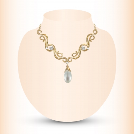 Illustration golden feminine necklace with pearl pendantsのイラスト素材