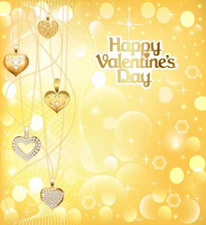 illustration of a postcard on Valentines day with pendants hearts chain of gold colorのイラスト素材