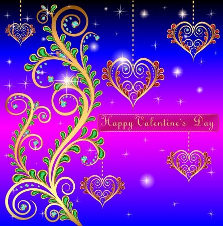 illustration blue postcard on Valentines day with pendants hearts chain of gold colorのイラスト素材