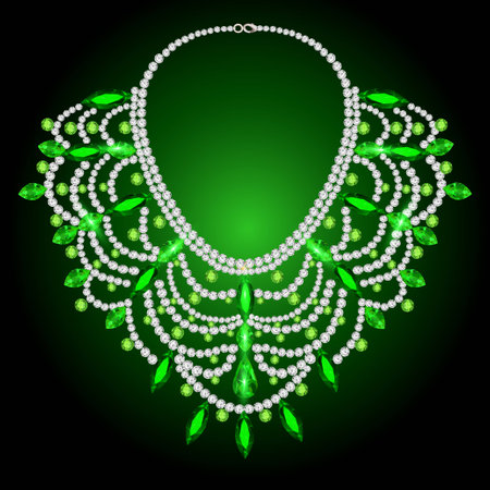 illustration feminine vintage necklace with green gemsのイラスト素材