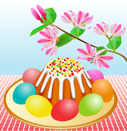 the illustration on the Passover with Easter cakes and eggs and cherry branchのイラスト素材