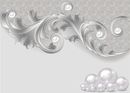 Illustration background with a scattering of pearls and a silver ornamentのイラスト素材