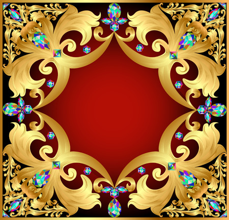 Illustration background with red gems and gold ornamentsのイラスト素材