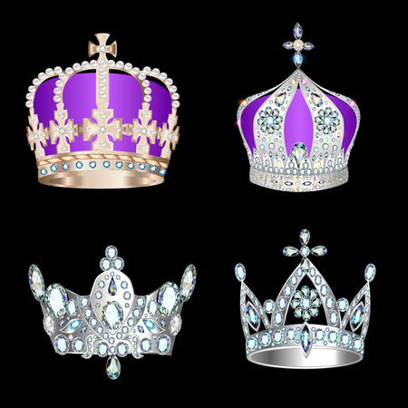illustration set of crowns with precious stones and pearlsのイラスト素材