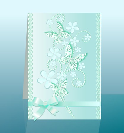 illustration background card with flowers and bow delicate butterfliesの写真素材