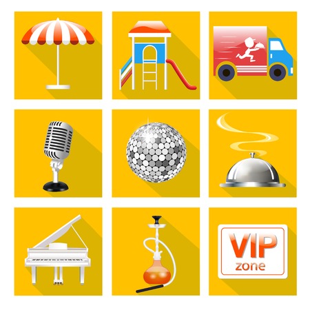 illustration of set of icons for the service of the restaurant is a Grand piano, dance floor, karaoke,のイラスト素材