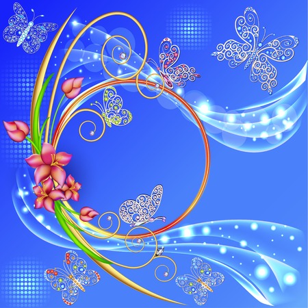 illustration blue background frame with the circle of flowers and butterflies with gemsのイラスト素材