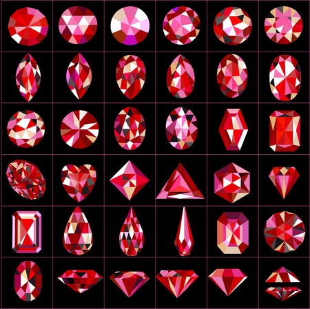Illustration set of red gems of different cuts and shapesのイラスト素材