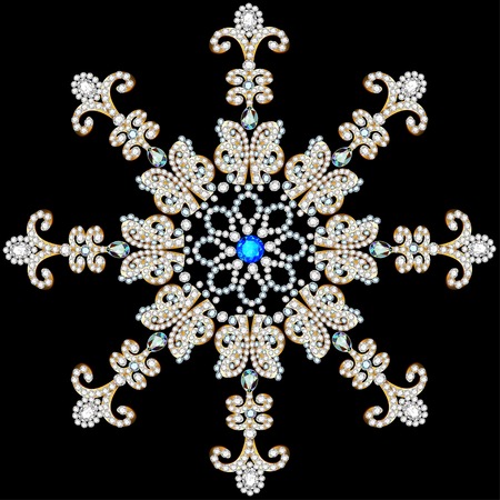 illustration shiny snowflake made of precious stones on black backgroundのイラスト素材