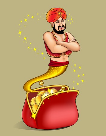 the illustration genie  appears from wallet with gold dollar.のイラスト素材