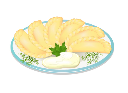 illustration dumplings with sour cream on the plateのイラスト素材