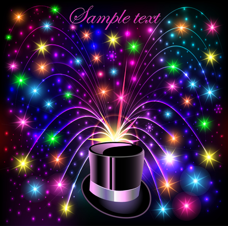 illustration background festive bright shiny hat and bright glowing fireworksのイラスト素材