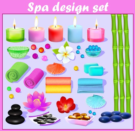 set of design elements Spa candle, flowers towels stones and saltのイラスト素材