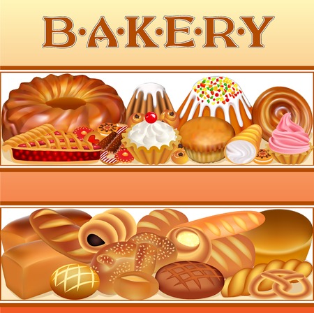 Illustration background with a set of different bread and bakery goods textual inscriptionのイラスト素材
