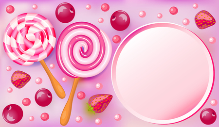 Sweet fruit beautiful background with strawberries and cherries and chocolates candies and place for textのイラスト素材
