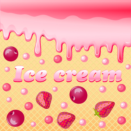 strawberry and cherry on a background of a waffle texture and glaze with the current label ice creamのイラスト素材