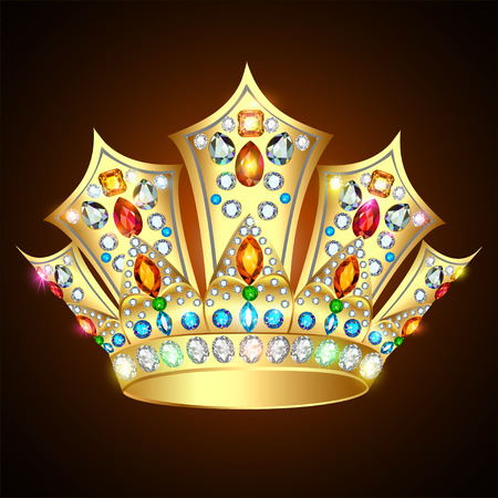 Illustration royal shiny gold crown with precious stones and jewelryのイラスト素材
