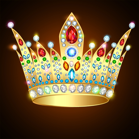 Illustration royal shiny gold crown with precious stones and jewelryのイラスト素材