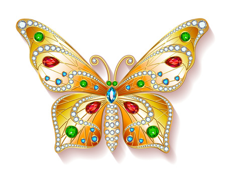 Jewelry gold butterfly in gems. Beautiful decoration. Isolated object.のイラスト素材