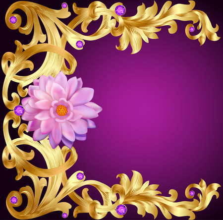 illustration vintage background with flower gold pattern and precious stonesのイラスト素材