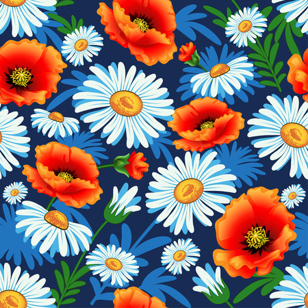 Illustration seamless bright with poppies and daisies for fabricのイラスト素材