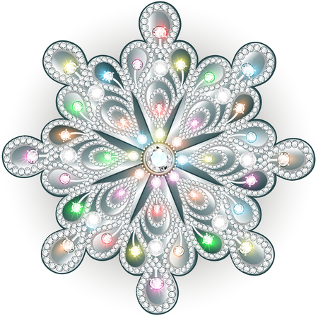 Christmas snowflake crystal precious. Beautiful jewelry, medallion, brooch, decoration on neck, mandala, frame. Fashion pattern brilliant stones, applique rhinestones, jewelerのイラスト素材