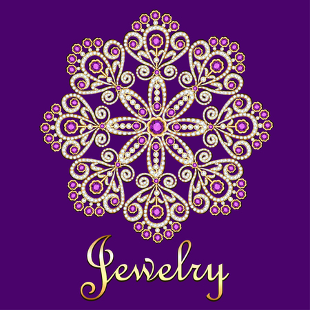 brooch  design element. Tribal ethnic floral pattern mandala round with precious stones. Geometric vintage ornamentalのイラスト素材