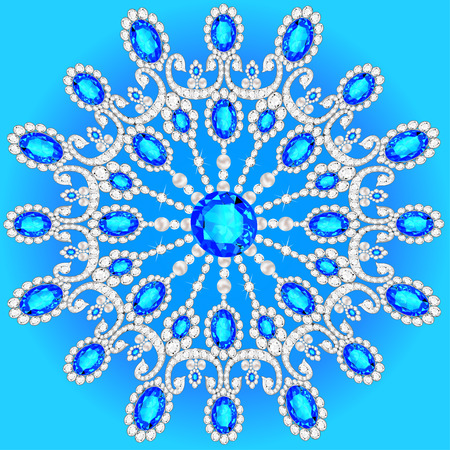 Christmas snowflake crystal precious. Beautiful  medallion, brooch, decoration on neck, mandala, frame. Fashion pattern brilliant stones,  applique rhinestones, - stockのイラスト素材
