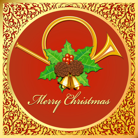 Illustration  Christmas card with horns, bells, leaves and berries, pine cones and gold ornaments.のイラスト素材