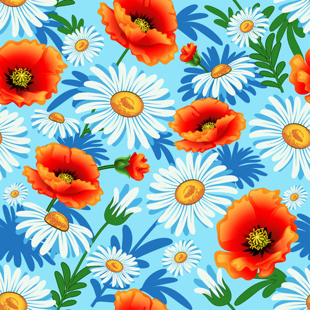 Illustration seamless bright with poppies and daisies for fabricのイラスト素材