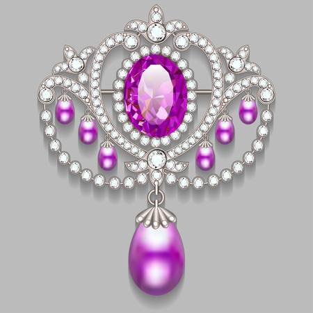 Illustration  brooch with pearls and precious stones. Filigree victorian jewelry. Design elementのイラスト素材