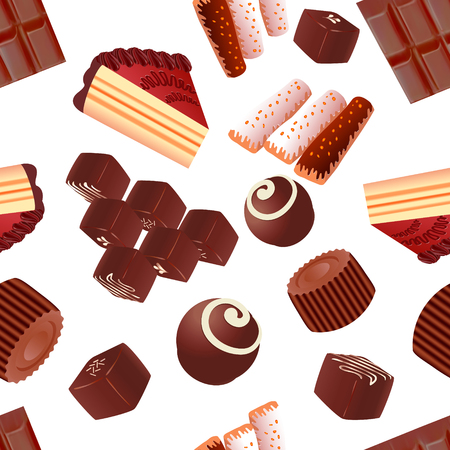 Illustration background seamless with chocolate, candy slice of cake and pastriesのイラスト素材