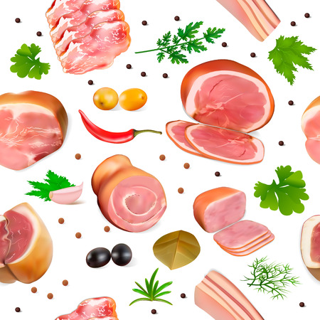 Illustration background seamless with meat products ham bacon and spicesのイラスト素材