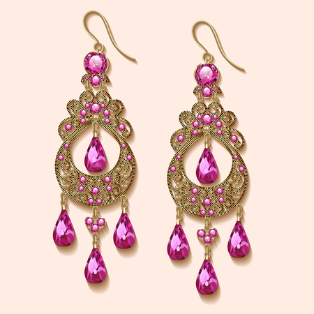 Illustration of vintage jewelry earrings with pink precious stoneのイラスト素材