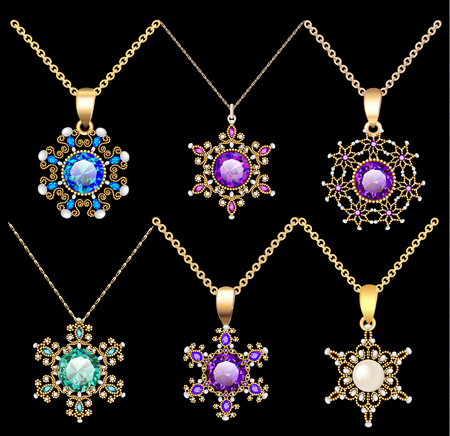 Illustration set of jewelry vintage pendants ornament made of beads of gold color and precious stones and pearlsのイラスト素材