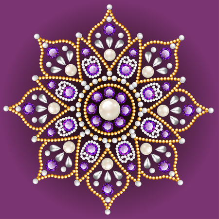 Mandala brooch jewelry, design element.  Geometric vintage ornamental background.のイラスト素材