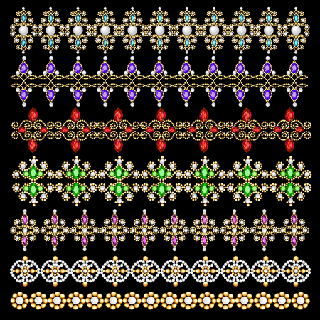 Illustration set of ornamental borders of beads of gold color and precious stones and pearlsのイラスト素材