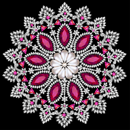 Mandala brooch jewelry, design element. Tribal ethnic floral pattern round with precious stones. Geometric vintage ornamental background.のイラスト素材