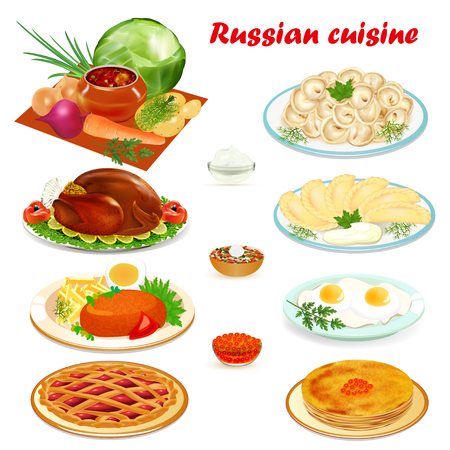 Illustration set of Russian cuisine with soup, dumplings pancakes, scrambled eggs, hamburger and cakeのイラスト素材