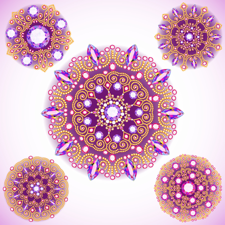 Illustration set of jewelry vintage pendants ornament made of beads of gold color and precious stones and pearlsのイラスト素材