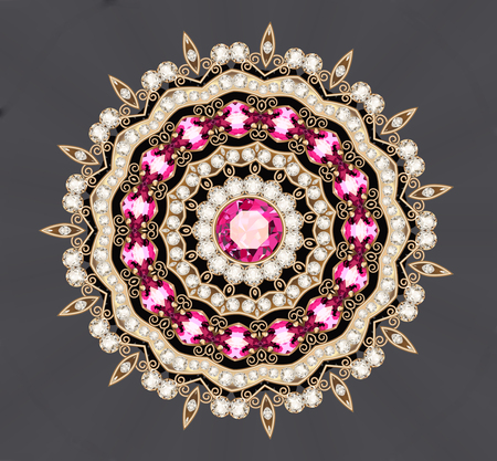 Illustration gold jewelry brooch with rubies and pearlsの写真素材
