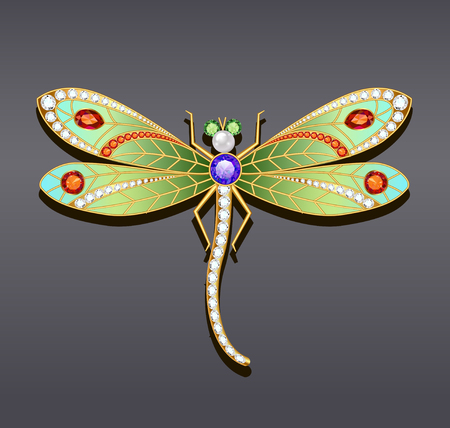 Illustration of a dragonfly brooch made of gold with precious stones.のイラスト素材