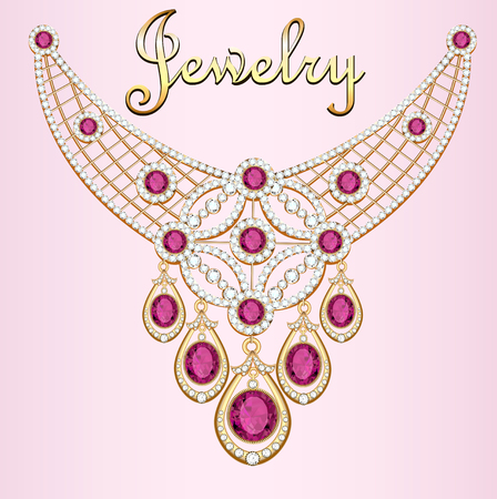 Pendant necklace with precious stones and filigree jewelry lettering. Vintage jewelry backgroundのイラスト素材