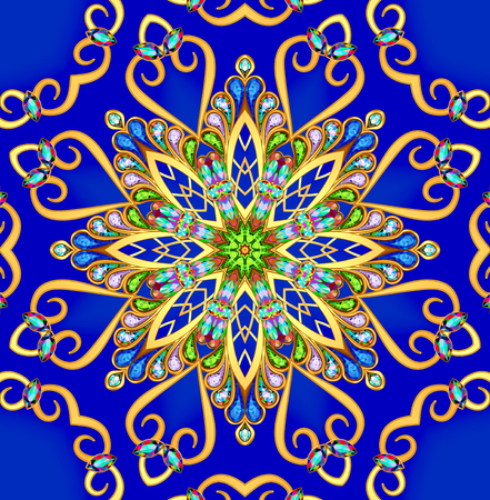 illustration blue background with gold pattern and precious stonesの写真素材