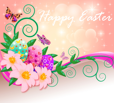 Illustration poster greeting card for Easter with eggs, butterflies and flowersのイラスト素材