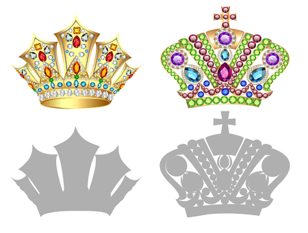 Set of golden crown illustrations, tiara, diadem and silhouettes on white backgroundのイラスト素材