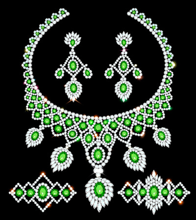 Illustration of jewelry set necklace, earrings and bracelets with emeralds and diamondsのイラスト素材