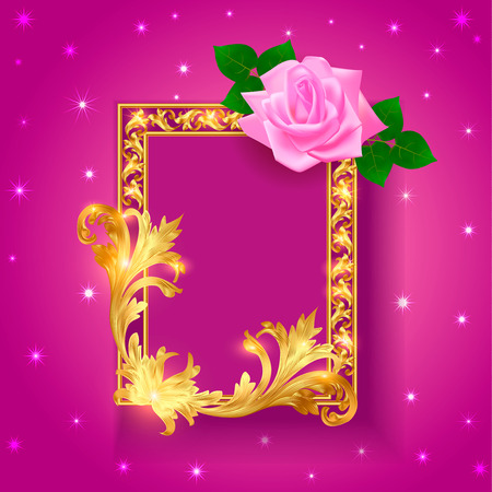 Illustration of vintage background frame with rose and gold ornamentのイラスト素材