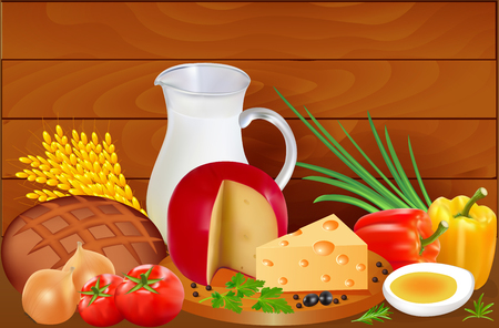 Illustration still life of bread, milk cheese, tomatoes, onion, bell pepper and eggのイラスト素材
