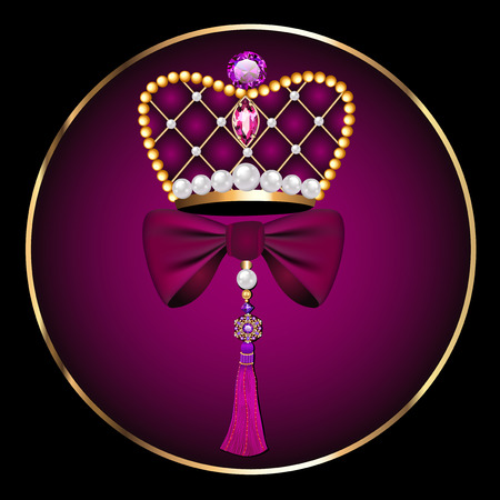 illustration of a vintage brooch in the form of a crown with a bow and a brushのイラスト素材